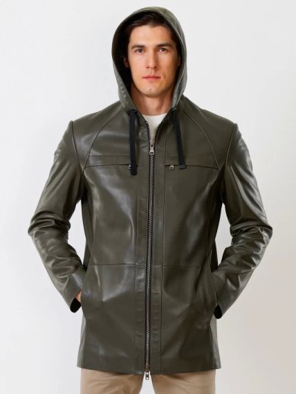 Удлиненная мужская кожаная куртка с капюшоном премиум класса 552, оливковая, размер 48, артикул 28760-6