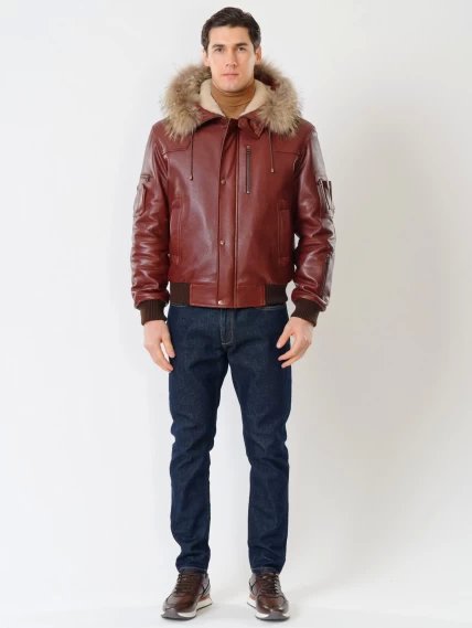 Кожаная мужская куртка аляска утепленная с мехом енота 509, виски, размер 48, артикул 40251-3