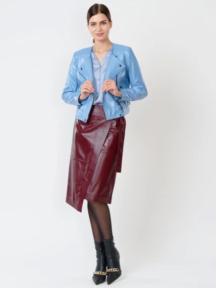 Кожаный комплект женский: Куртка 389 + Юбка-миди 07, голубой/бордовый, размер 42, артикул 111112-0