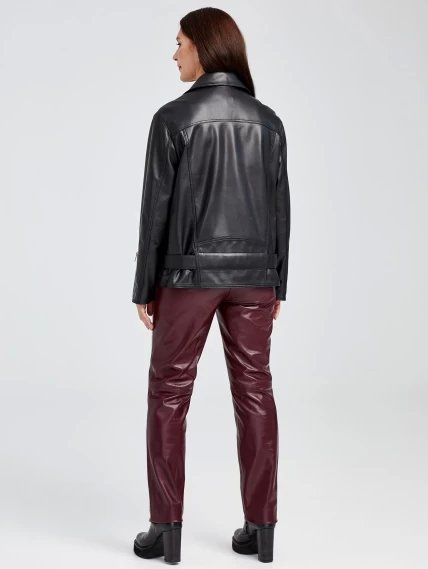 Кожаный комплект женский: Куртка 3013 + Брюки 02, черный/бордовый, размер 46, артикул 111147-2