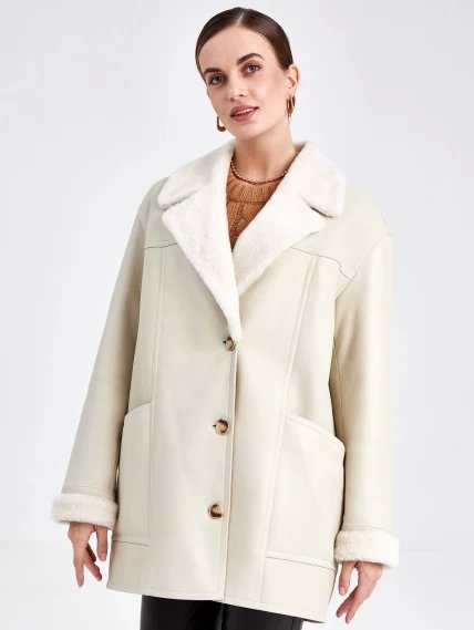 Женская куртка пиджак из меховой овчины с поясом премиум класса 2011, белая, размер 48, артикул 63600-4