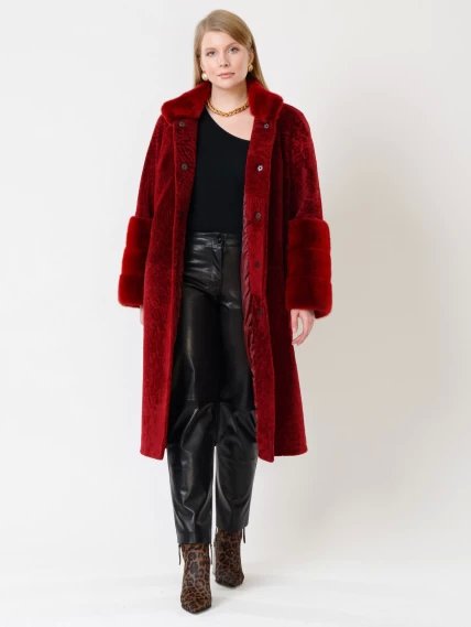 Демисезонный комплект женский: Пальто из астрагана 52мех + Брюки 03, бордовый/черный, размер 48, артикул 111192-1