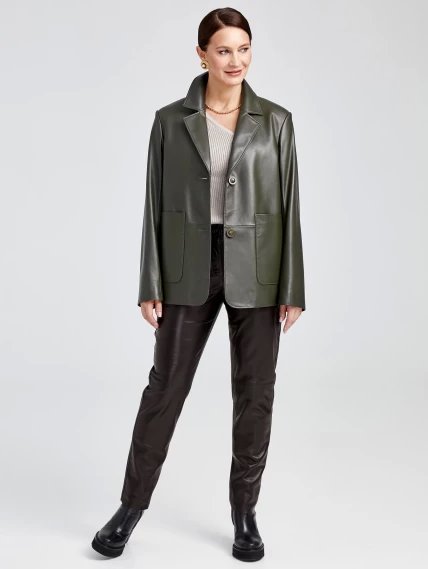 Кожаный костюм женский: Пиджак 3016 + Брюки 03, оливковый/черный, размер 46, артикул 111138-0