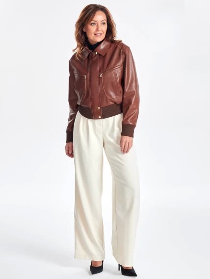 Короткая кожаная куртка бомбер для женщин премиум класса 3066, песочная, размер 44, артикул 23800-1