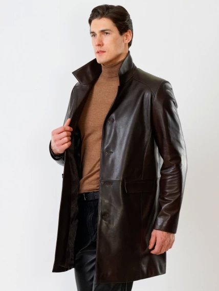 Удлиненный кожаный мужской пиджак премиум класса 539, коричневый, размер 48, артикул 29540-1