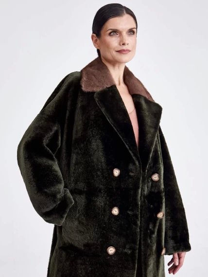 Женское двустороннее пальто из меховой овчины с норковым воротником премиум класса 2017, хаки, размер 44, артикул 13760-2