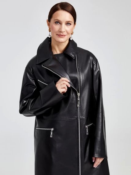 Кожаное женское пальто косуха оверсайз премиум класса 3015, черное, размер 46, артикул 25630-0