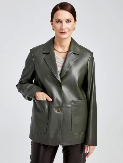Кожаный костюм женский: Пиджак 3016 + Брюки 03, оливковый/черный, размер 46, артикул 111138-3
