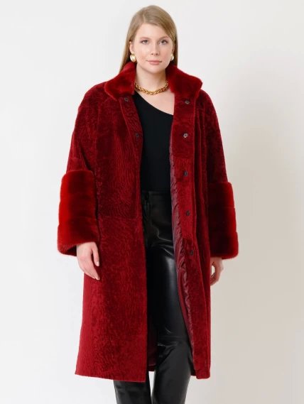 Демисезонный комплект женский: Пальто из астрагана 52мех + Брюки 03, бордовый/черный, размер 48, артикул 111192-4