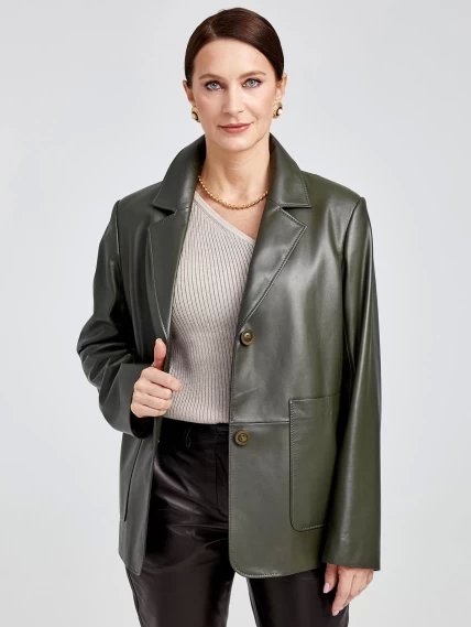 Кожаный костюм женский: Пиджак 3016 + Брюки 03, оливковый/черный, размер 46, артикул 111138-4