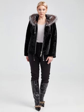 Женская куртка из меховой овчины с капюшоном и мехом песца 50мех-0