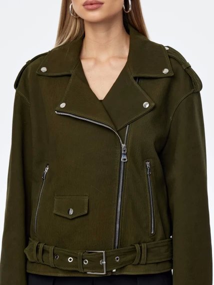 Короткая женская кожаная куртка косуха с поясом премиум класса 3052, хаки, размер 44, артикул 23970-3