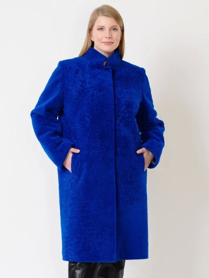 Демисезонный комплект женский: Пальто из астрагана 54мех + Брюки 03, синий/черный, размер 46, артикул 111239-5