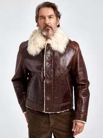 Зимняя мужская кожаная куртка на подкладке из овчины тиградо 151-1