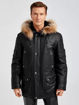 Утепленная мужская кожаная куртка аляска с мехом енота Алекс-0