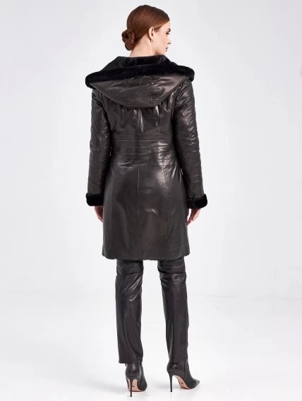 Кожаное пальто зимнее женское 393мех, с капюшоном, черное, размер 46, артикул 91860-2