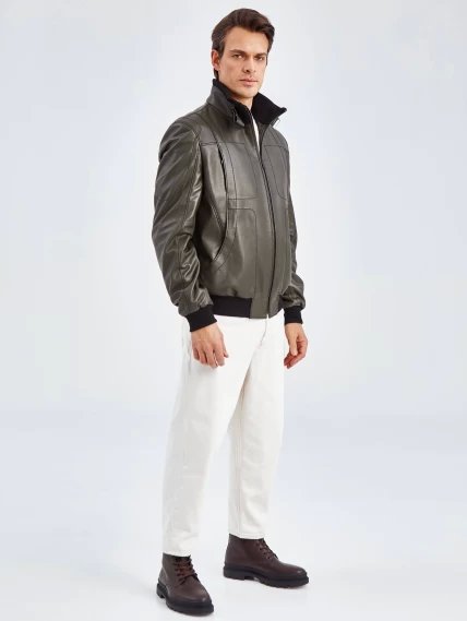 Кожаная куртка бомбер мужская премиум класса 521, оливковая, размер 50, артикул 29030-2