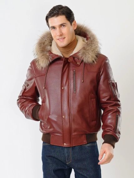 Кожаная мужская куртка аляска утепленная с мехом енота 509, виски, размер 48, артикул 40251-6