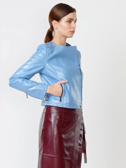 Кожаный комплект женский: Куртка 389 + Юбка-миди 07, голубой/бордовый, размер 42, артикул 111112-5