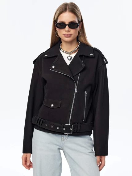 Короткая женская кожаная куртка косуха с поясом премиум класса 3052, черная, размер 44, артикул 23950-2