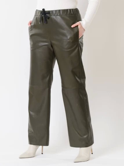 Кожаные широкие женские брюки из натуральной кожи 06, оливковые, размер 48, артикул 85510-4