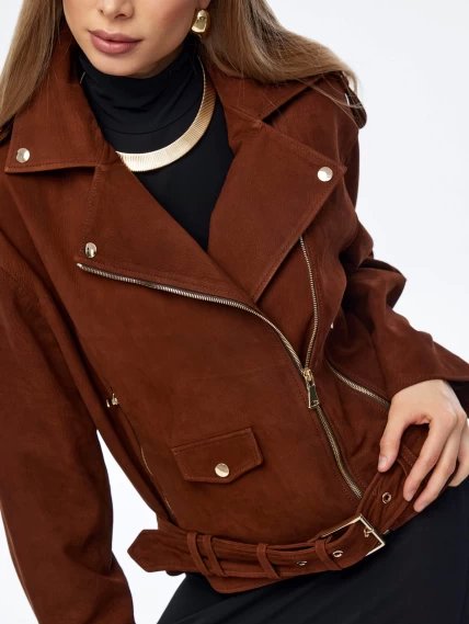 Короткая женская кожаная куртка косуха с поясом премиум класса 3052, виски, размер 44, артикул 23960-3