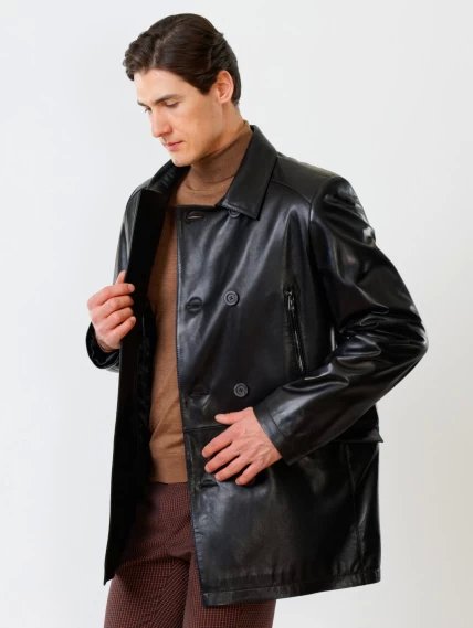 Двубортный мужской кожаный бушлат премиум класса 538, черный, размер 56, артикул 28671-1