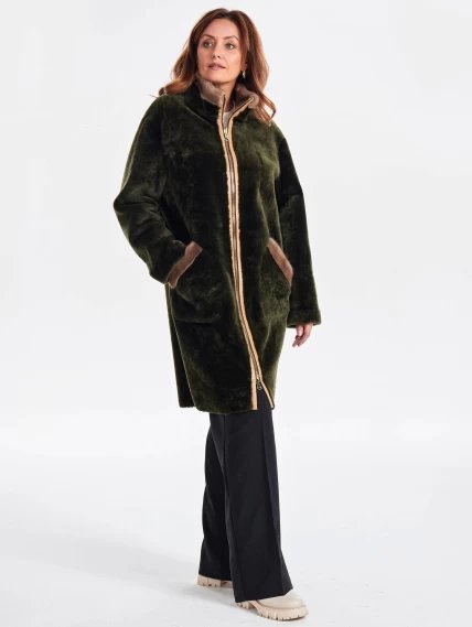 Удлиненная двусторонняя куртка из натуральной овчины с мехом норки премиум класса 2018, хаки, размер 46, артикул 24220-4