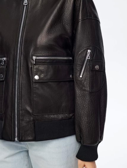 Короткая кожаная куртка бомбер для женщин премиум класса 3064, черная, размер 44, артикул 24040-3