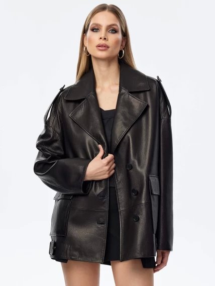 Кожаный пиджак оверсайз для женщин премиум класса 3068, черный, размер 44, артикул 24100-2
