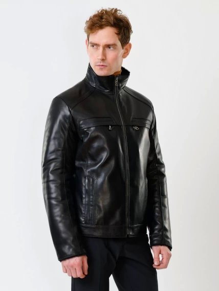 Кожаная зимняя мужская куртка на подстежке из овчины 516, черная, размер 46, артикул 40850-0