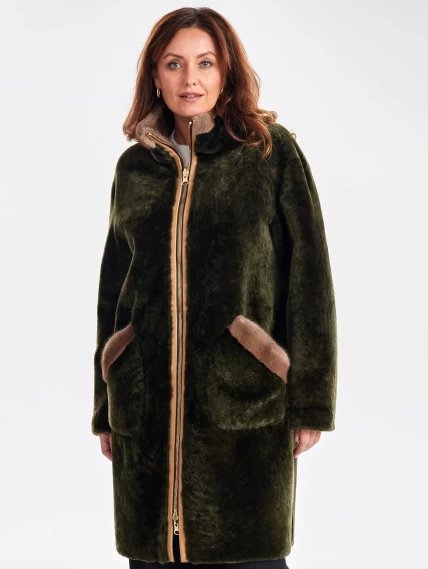 Удлиненная двусторонняя куртка из натуральной овчины с мехом норки премиум класса 2018, хаки, размер 46, артикул 24220-0