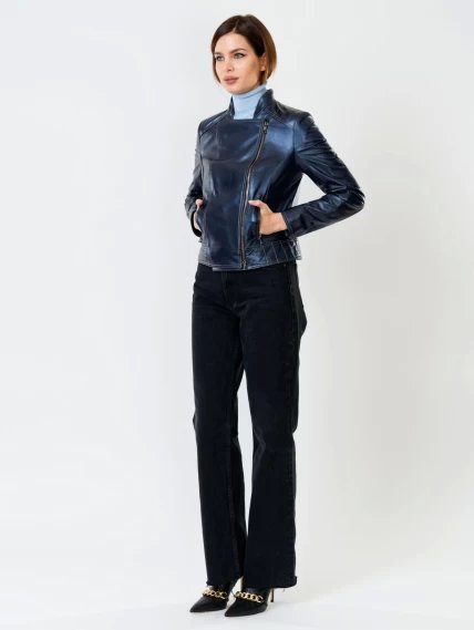 Кожаная куртка косуха женская 300, синий перламутр, размер 52, артикул 90992-3