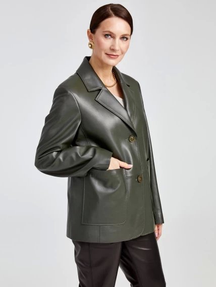 Кожаный костюм женский: Пиджак 3016 + Брюки 03, оливковый/черный, размер 46, артикул 111138-5