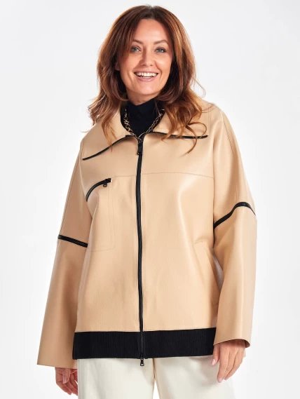 Кожаная куртка оверсайз на резинке для женщин премиум класса 3031, бежевая, размер 48, артикул 24120-5