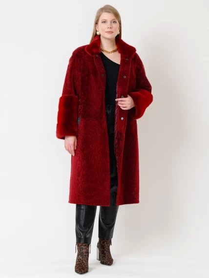 Демисезонный комплект женский: Пальто из астрагана 52мех + Брюки 03, бордовый/черный, размер 48, артикул 111192-0