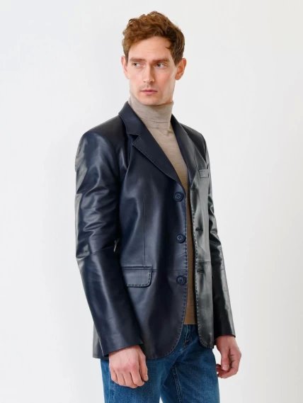 Мужской кожаный пиджак на ручном стежке премиум класса 543, синий, размер 48, артикул 28441-5