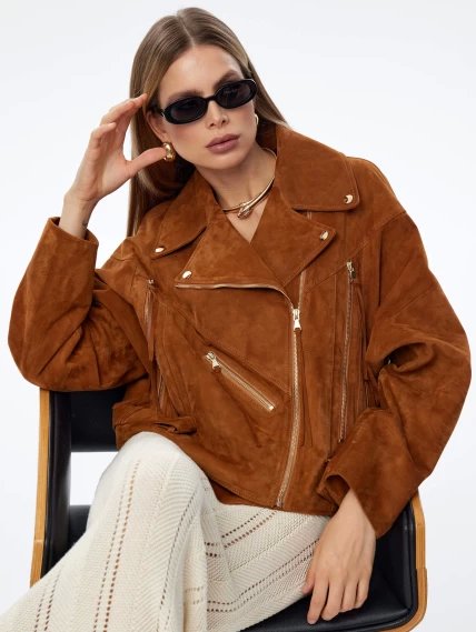 Короткая женская замшевая куртка косуха премиум класса 3051з, виски, размер 44, артикул 23920-4