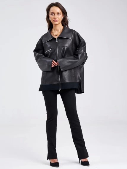 Кожаная женская куртка оверсайз на резинке премиум класса 3031, черная, размер 50, артикул 23210-6