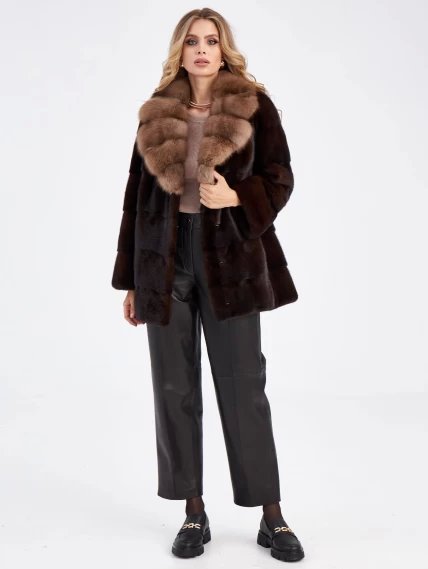 Женская куртка автоледи из меха норки с воротником из меха куницы 2а-к(авк), темно-коричневая, размер 48, артикул 33830-0