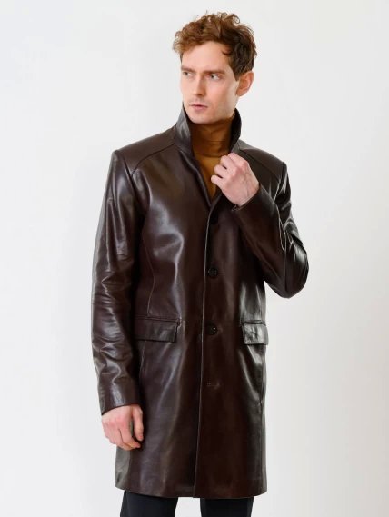 Удлиненный кожаный мужской пиджак премиум класса 539, коричневый, размер 48, артикул 29541-2