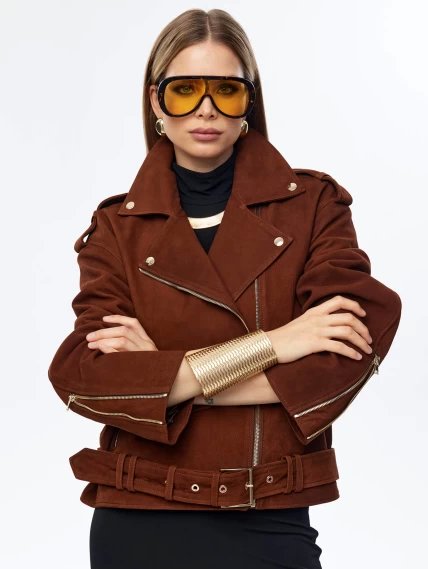 Короткая женская кожаная куртка косуха с поясом премиум класса 3052, виски, размер 44, артикул 23960-2