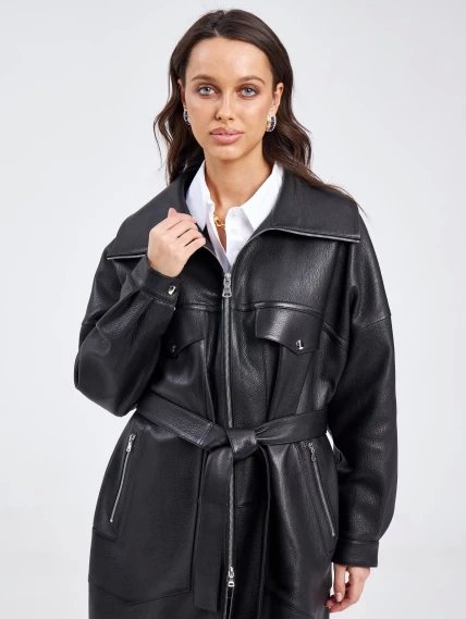 Молодежное женское кожаное пальто на молнии премиум класса 3039, черное, размер 52, артикул 63390-5