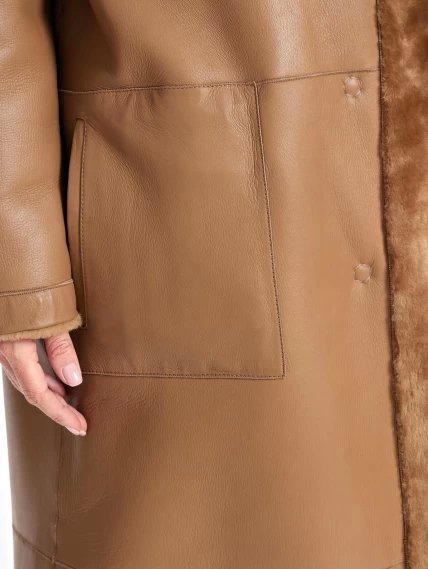 Двустороннее женское пальто из меховой овчины премиум класса 2030, коричневое, размер 46, артикул 63290-5