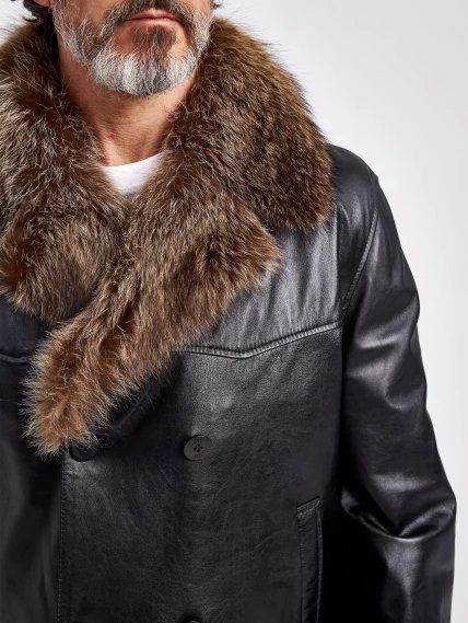 Зимняя двубортная мужская кожаная куртка с воротником меха енота Mafia/New, черная, размер 56, артикул 40810-4