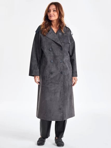 Замшевое двубортное женское пальто френч премиум класса 3070з, темно-серое, размер 44, артикул 63370-5