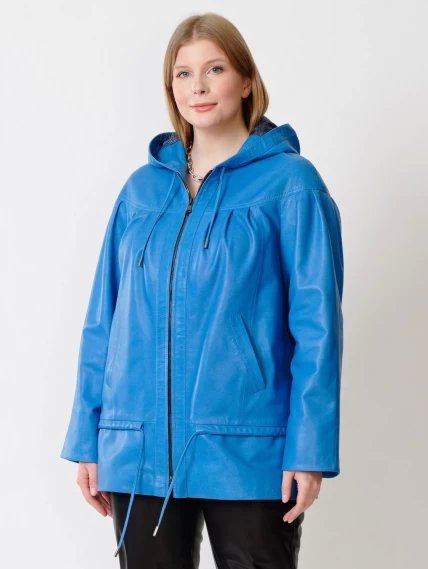 Кожаная женская куртка с капюшоном 303у, голубая, размер 54, артикул 91201-1
