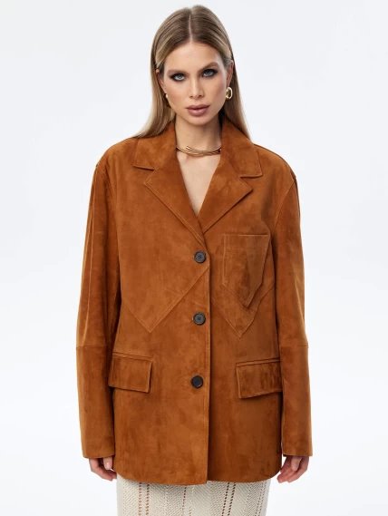Стильный удлиненный замшевый женский пиджак премиум класса 3069з, виски, размер 46, артикул 23840-1