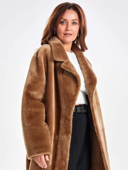 Двустороннее женское пальто из меховой овчины премиум класса 2030, коричневое, размер 46, артикул 63290-3