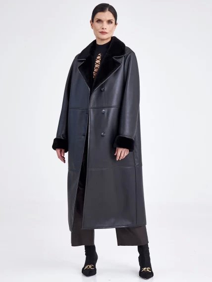 Классическое пальто из натуральной овчины с поясом премиум класса для женщин 2009, черное, размер 46, артикул 63730-0